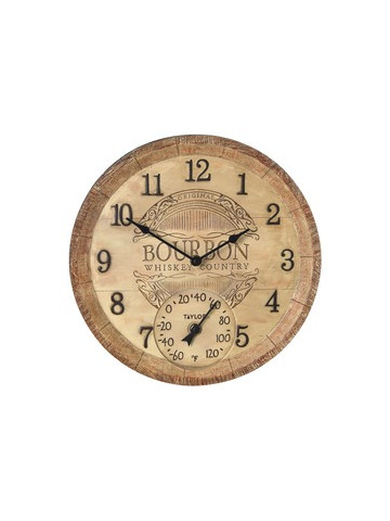 Taylor Precision Products 92693T 14&#45;Inch Clock with Thermometer Bourbon Barrel
